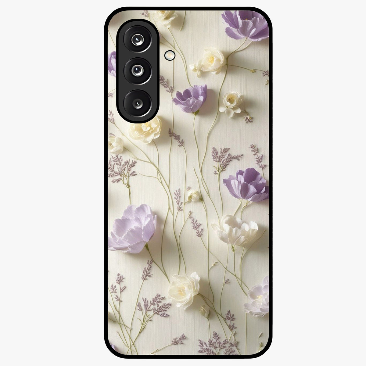 Lilac Breeze Harmony Glass Case showing flat back view with soft lilac themed artwork and glossy glass finish.