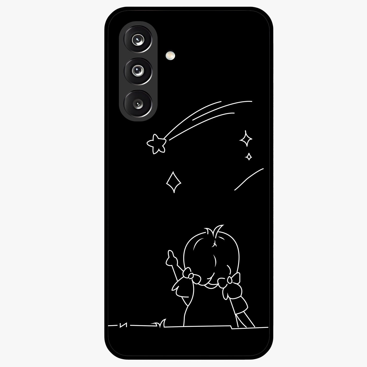 Line Art Girl With Shooting Stars Glass Case showing flat back view with minimal line art girl and shooting stars illustration and glossy glass finish.