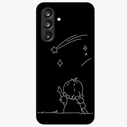 Line Art Girl With Shooting Stars Glass Case showing flat back view with minimal line art girl and shooting stars illustration and glossy glass finish.