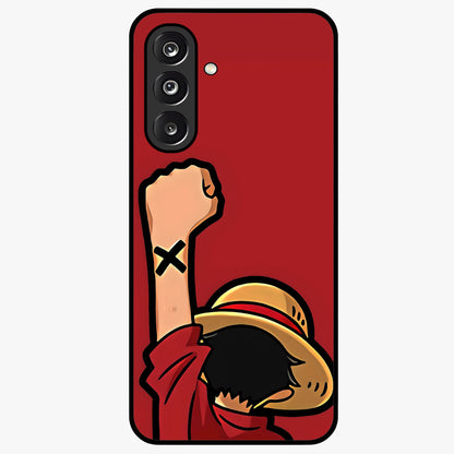 Luffy X Spirit Glass Case showing flat back view with bold anime character artwork and glossy glass finish.