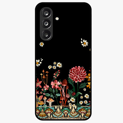Midnight Bloom Pattern Glass Case showing flat back view with dark floral pattern artwork and glossy glass finish.