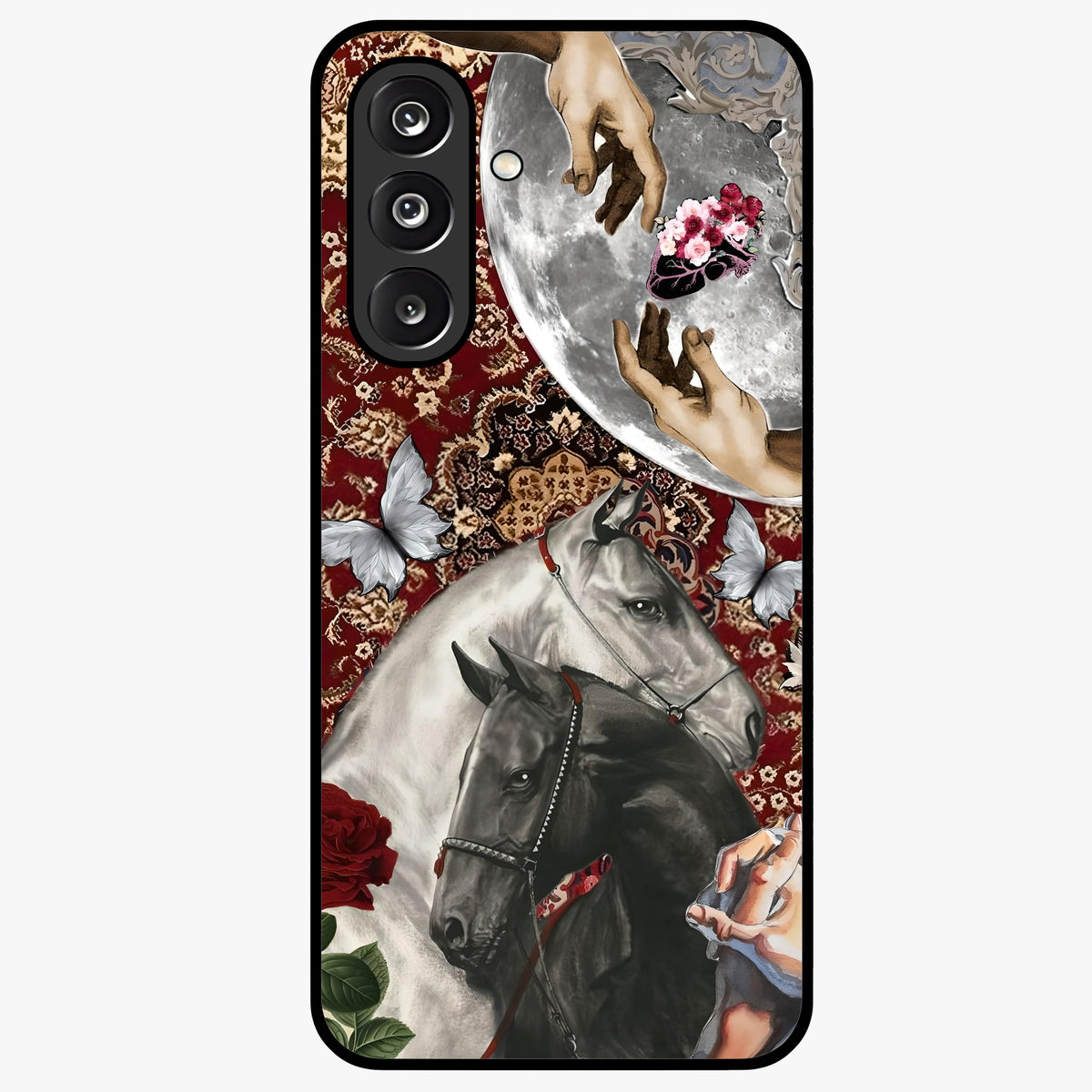 Moonlit Royal Stallion Glass Case showing flat back view with majestic horse under moonlight artwork and glossy glass finish.
