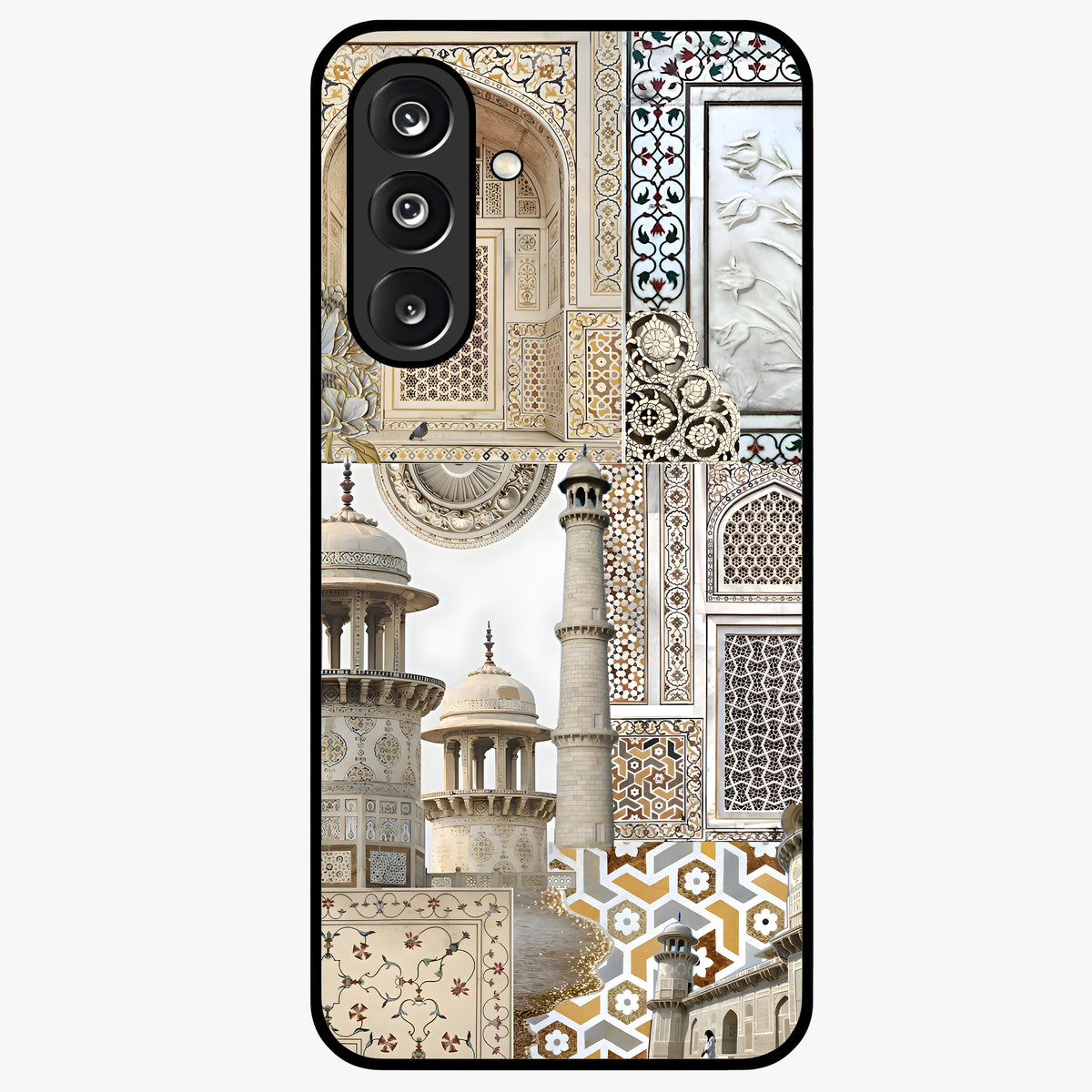 Mughal Marble Legacy Glass Case showing flat back view with intricate Mughal inspired marble pattern and glossy glass finish.