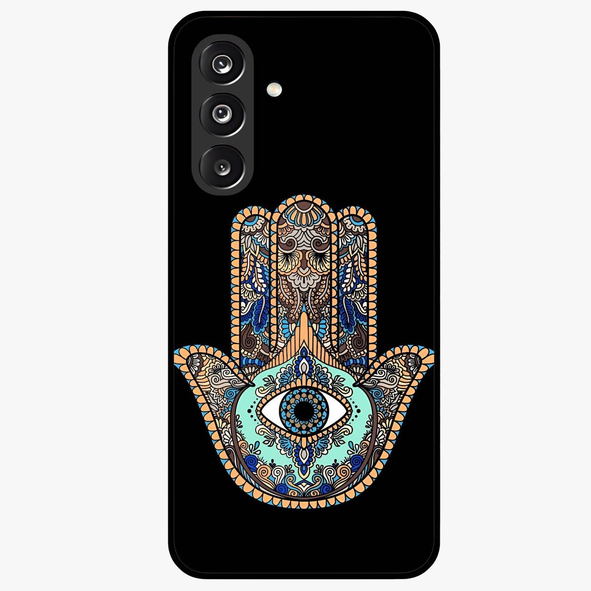Mystic Hamsa Eye Glass Case showing flat back view with protective hamsa hand and evil eye artwork and glossy glass finish.