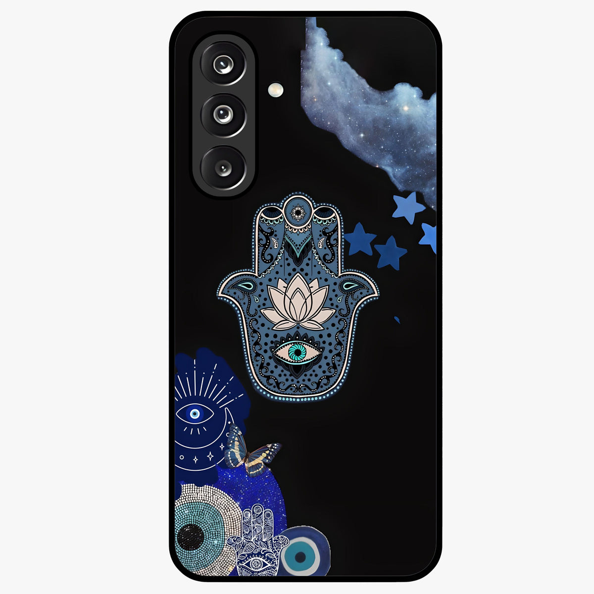 Mystic Hand Aura Glass Case showing flat back view with mystical hand symbol artwork and glossy glass finish.