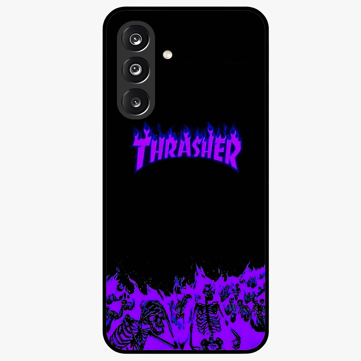 Neon Flame Riot Glass Case showing flat back view with neon flame artwork and glossy glass finish.