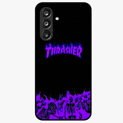 Neon Flame Riot Glass Case showing flat back view with neon flame artwork and glossy glass finish.