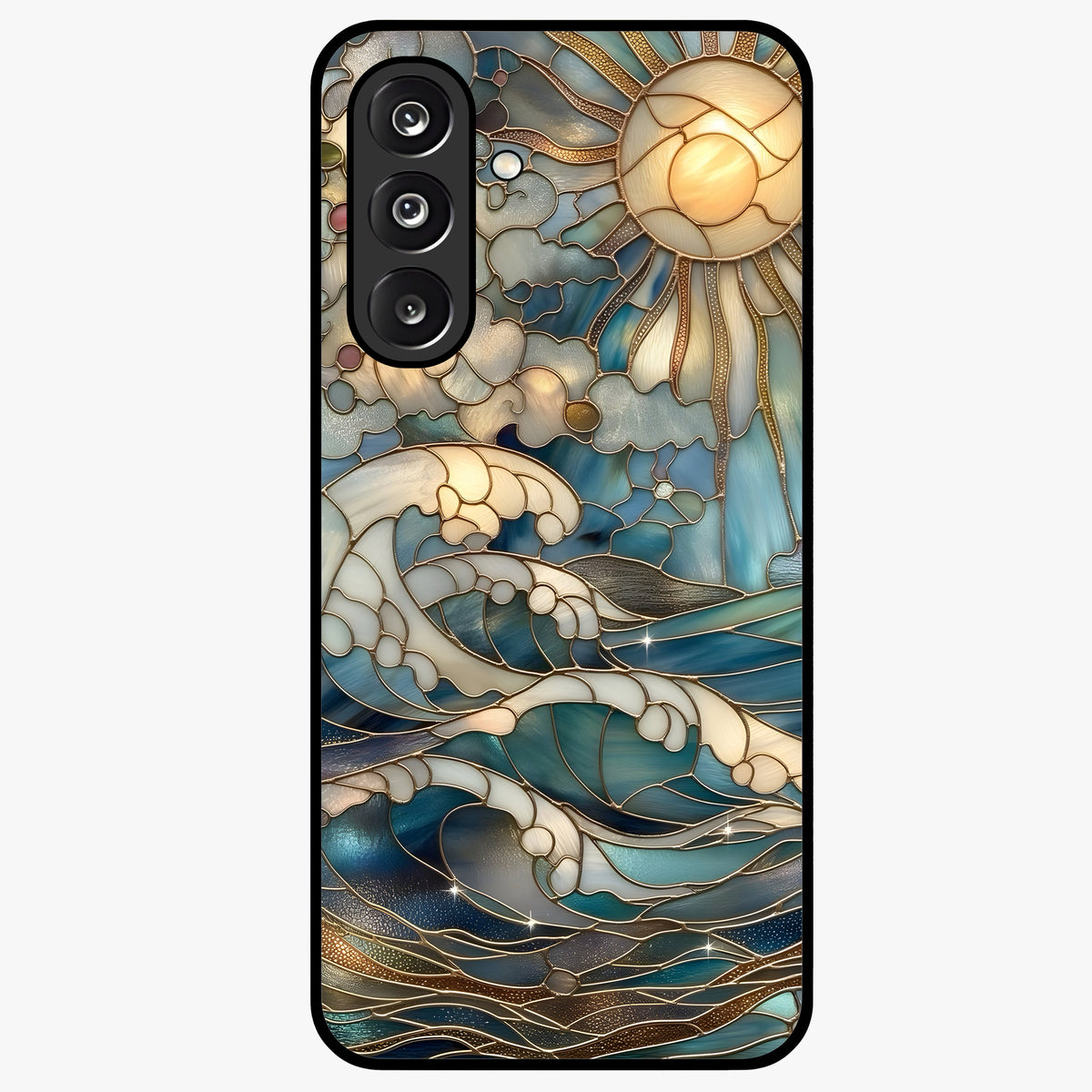 Oceanic Stained Printed Glass Case showing flat back view with ocean inspired stained pattern artwork and glossy glass finish.