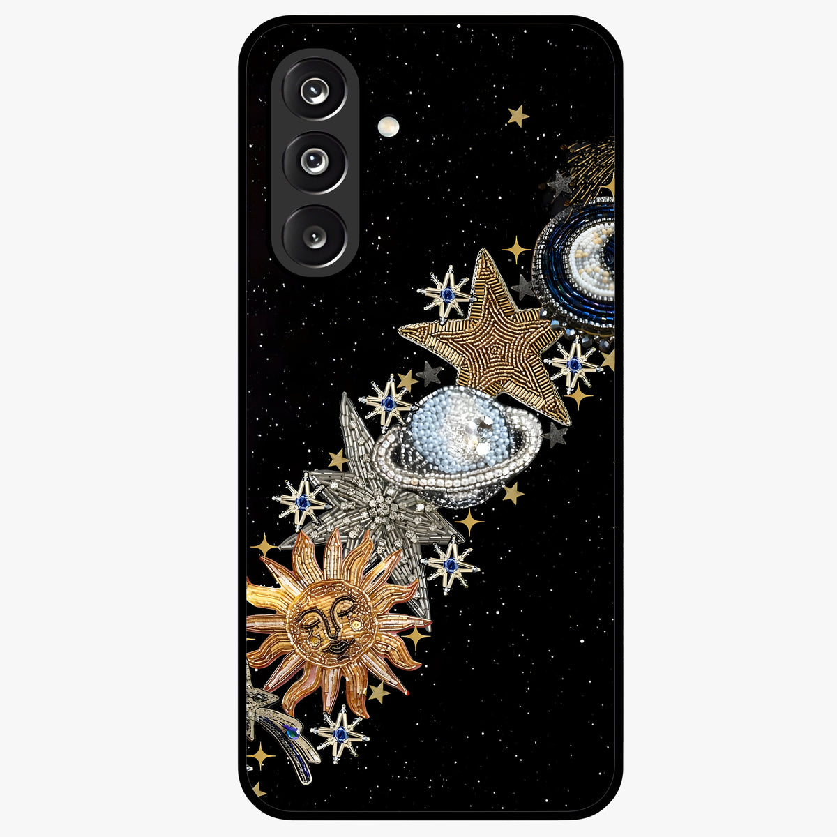 Pearls Universe Object Glass Case showing flat back view with pearl inspired cosmic artwork and glossy glass finish.