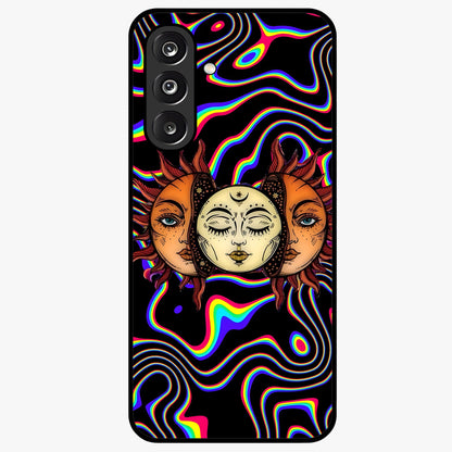 Psychedelic Sun Glass Case showing flat back view with colorful psychedelic sun artwork and glossy glass finish.