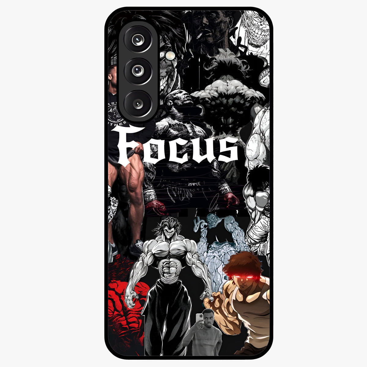Relentless Power Focus Glass Case showing flat back view with motivational typography artwork and glossy glass finish.