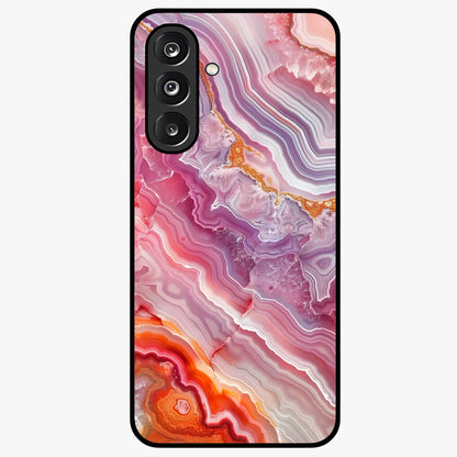 Rose Quartz Marble Glass Case showing flat back view with pink marble quartz texture artwork and glossy glass finish.