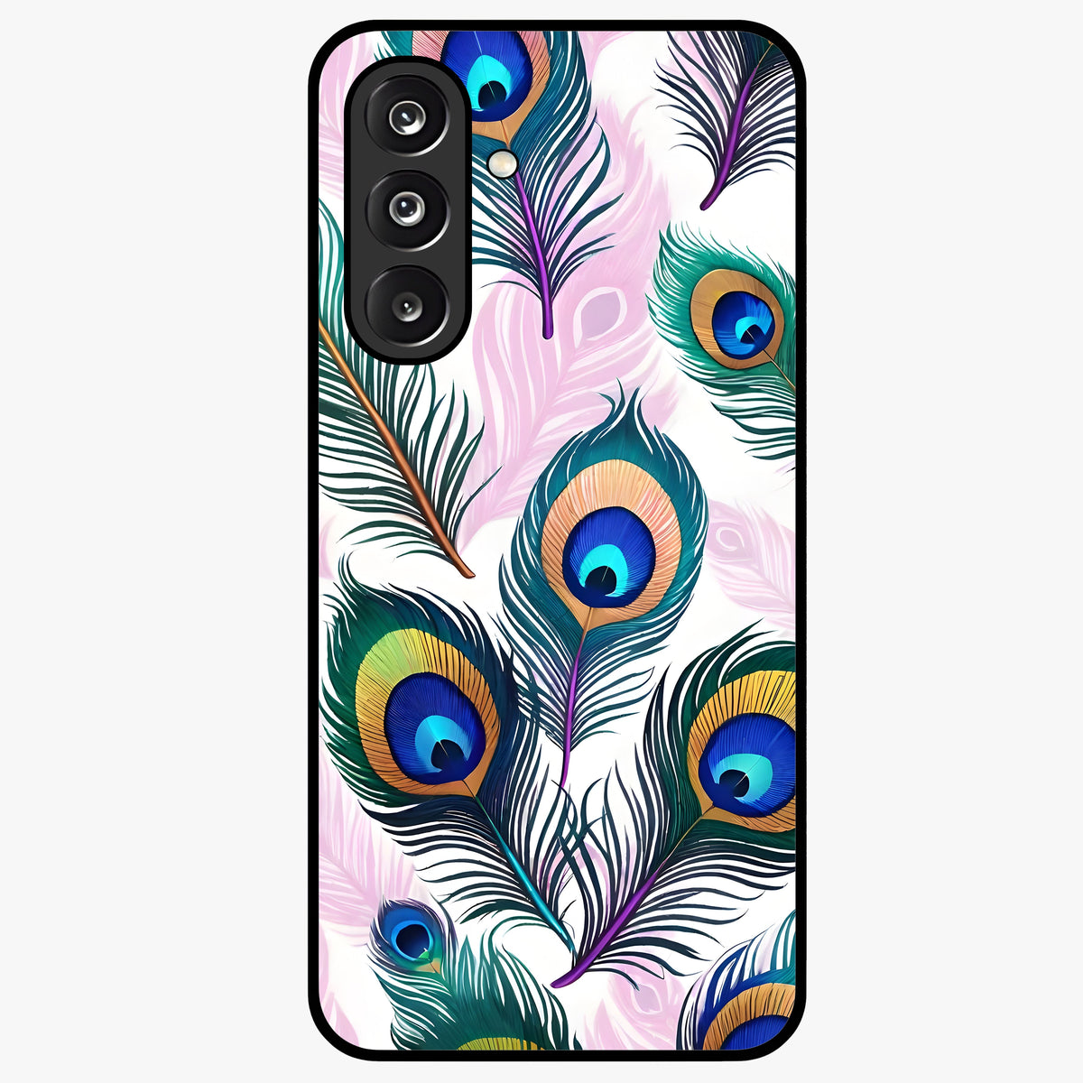 Royal Peacock Feathers Glass Case showing flat back view with colorful peacock feather artwork and glossy glass finish.