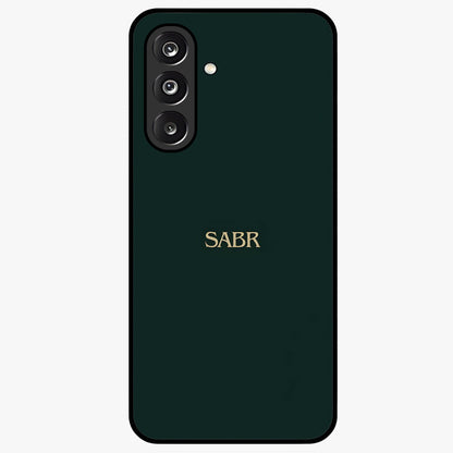 Sabr Minimal Patience Glass Case showing flat back view with minimalist typography artwork and glossy glass finish.