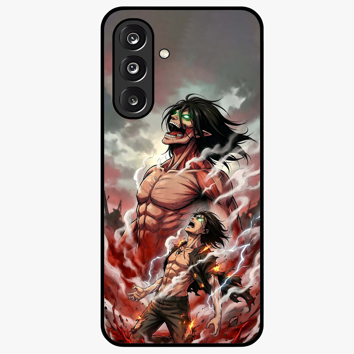 Titan Awakening Fury Glass Case showing flat back view with powerful titan inspired artwork and glossy glass finish.