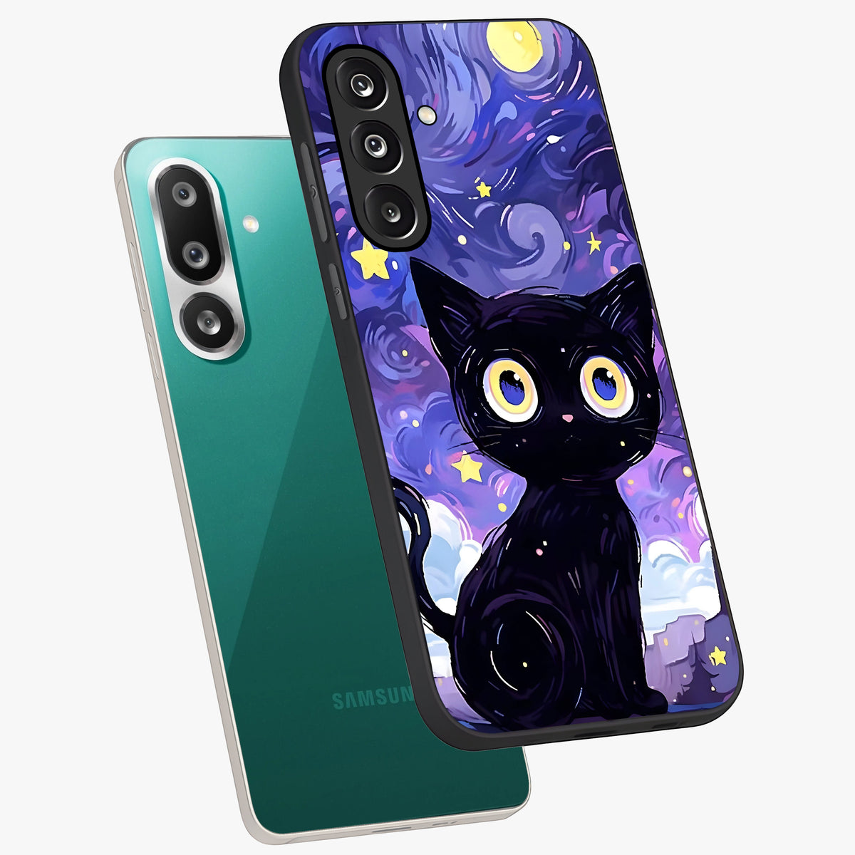 Abstract Cat Art Glass Case displayed in angled mockup highlighting modern abstract cat artwork and sleek glass surface.