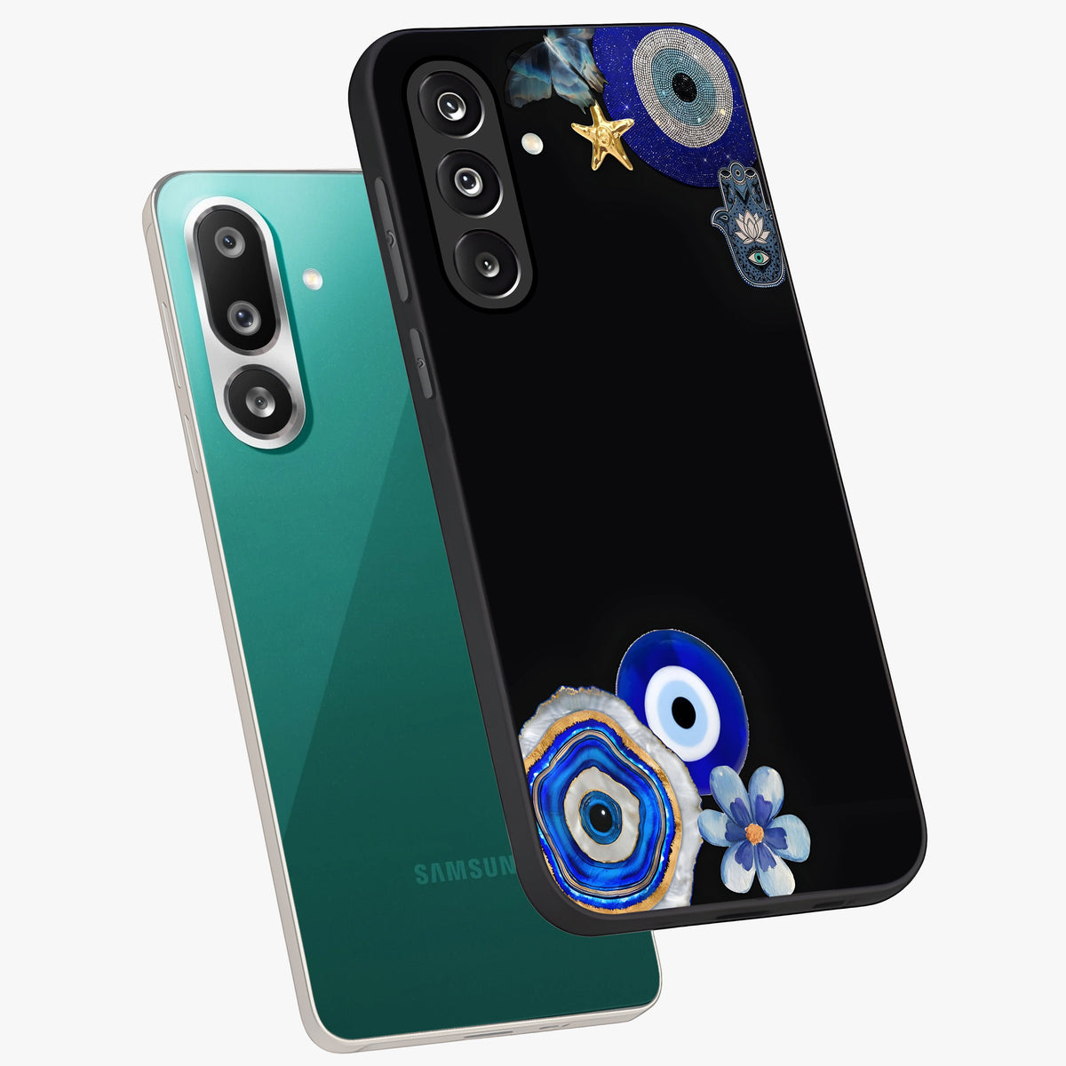 Aesthetic Blue Evil Eye Glass Case displayed in angled mockup highlighting blue evil eye symbol and spiritual aesthetic design.