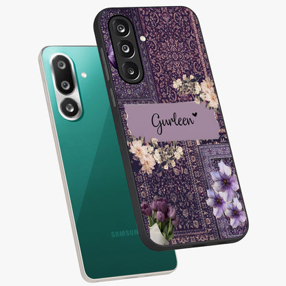 Antique Floral Whisper Custom Name Glass Case displayed in angled mockup highlighting elegant antique floral aesthetic.