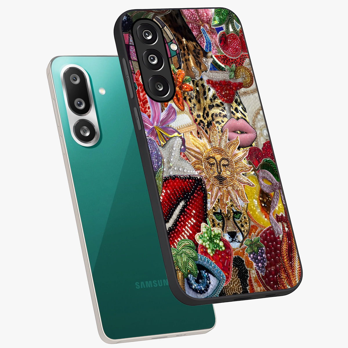 Beaded Fashion Jungle Glass Case displayed in angled mockup highlighting colorful fashion bead design and artistic pattern.