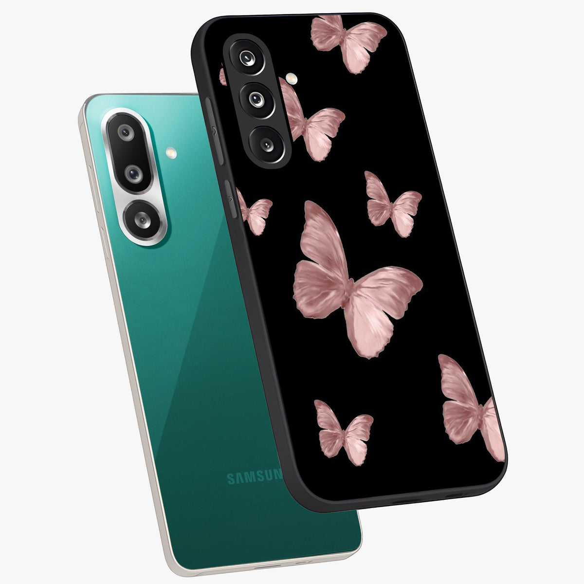 Butterfly Pattern Glass Case displayed in angled mockup highlighting delicate butterfly design and aesthetic pattern style.