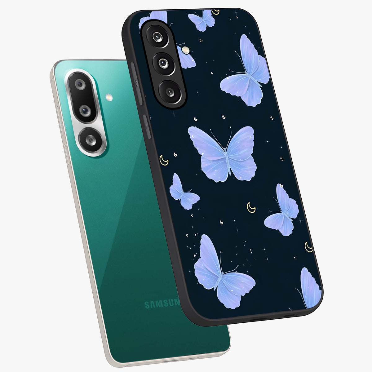 Butterfly With Stars Pattern Glass Case displayed in angled mockup highlighting dreamy butterfly and star design with aesthetic theme.