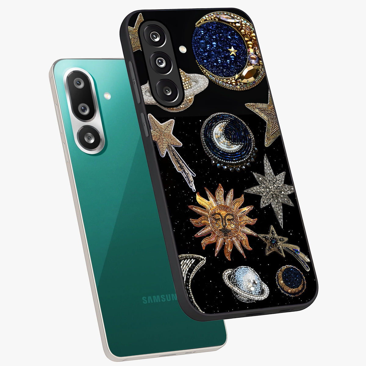 Celestial Gem Constellations Glass Case displayed in angled mockup highlighting gemstone inspired constellation design.