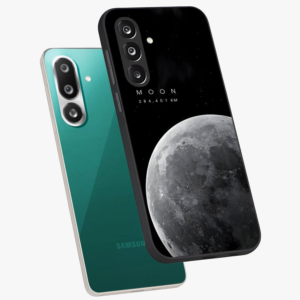 Cosmic Moon Glow Glass Case displayed in angled mockup highlighting celestial moon design with cosmic aesthetic theme.