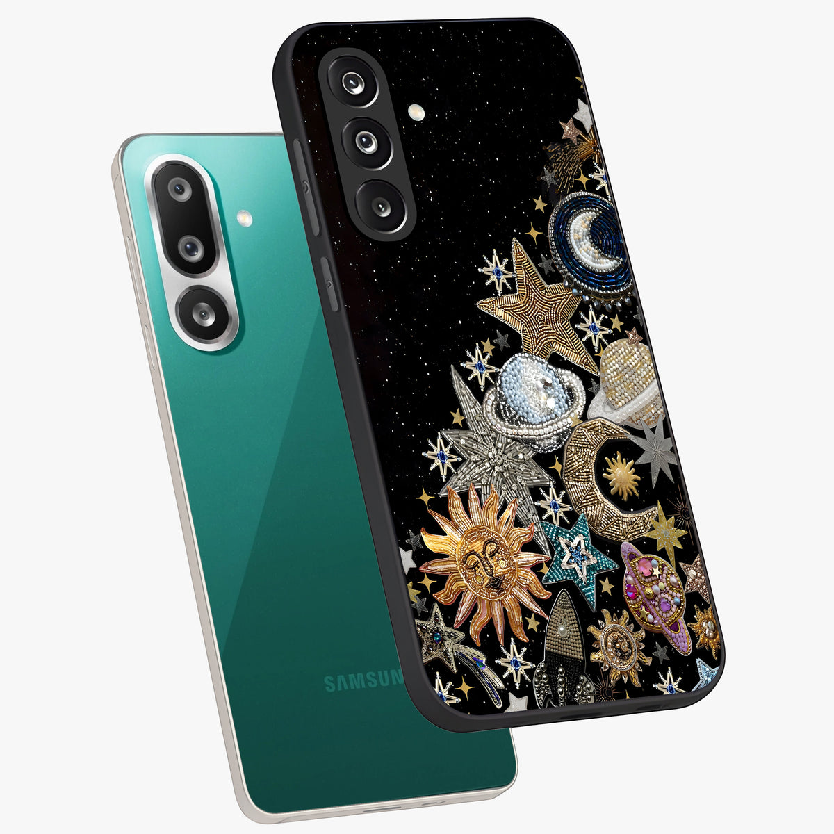 Cosmic Sparkle Dreams Glass Case displayed in angled mockup highlighting dreamy star sparkle design with celestial aesthetic.