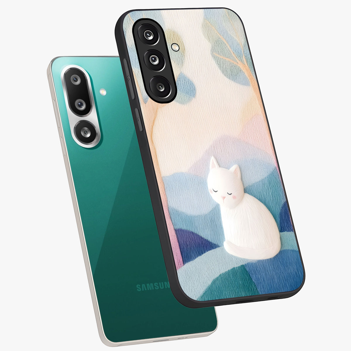 Cotton Dream Cat Glass Case displayed in angled mockup highlighting cute feline illustration with pastel aesthetic style.