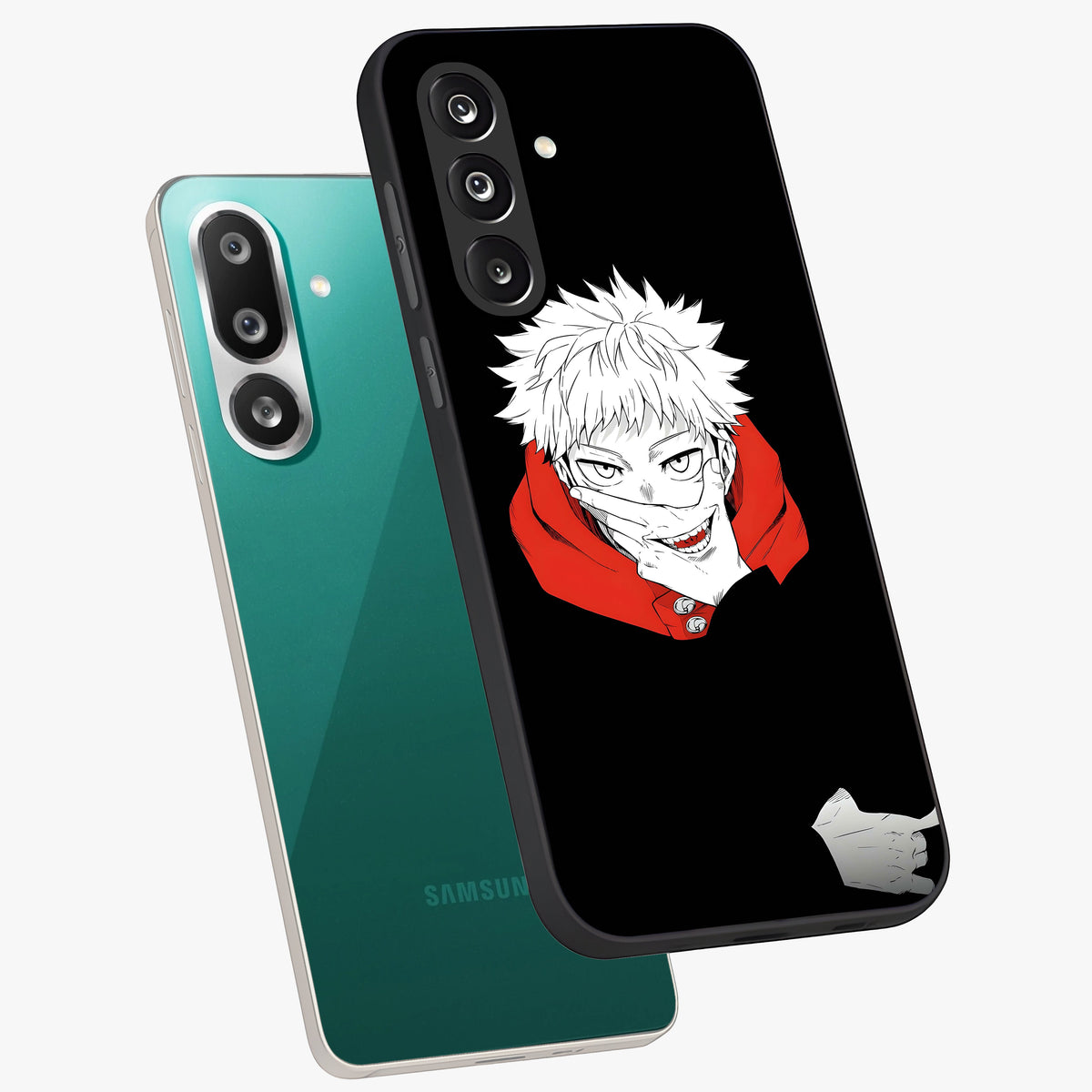 Crimson Chaos Smile Glass Case displayed in angled mockup highlighting edgy crimson smile design with graphic aesthetic.