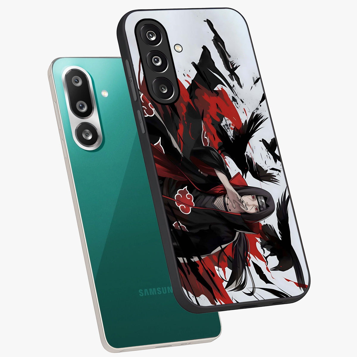 Crimson Crow Illusion Glass Case displayed in angled mockup highlighting mysterious crow graphic with dark aesthetic style.