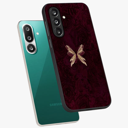 Crimson Fade Butterfly Glass Case displayed in angled mockup highlighting elegant butterfly design with crimson gradient aesthetic.