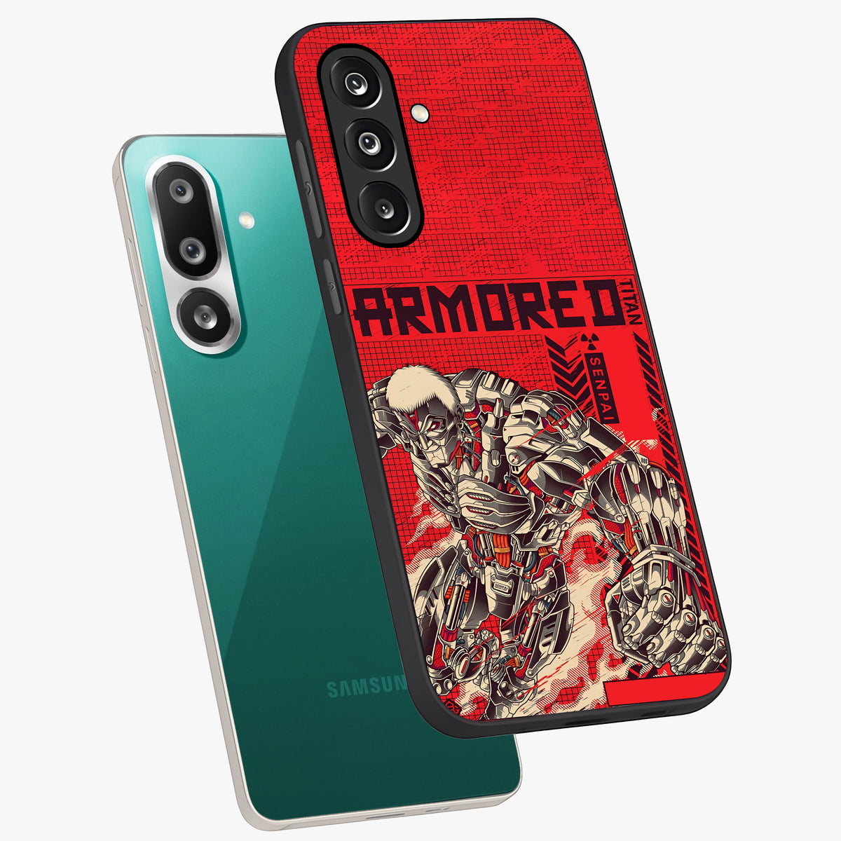Crimson Mecha Titan Glass Case displayed in angled mockup highlighting futuristic mech illustration with bold crimson aesthetic.