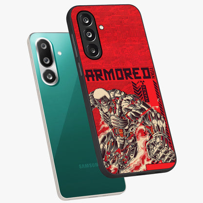 Crimson Mecha Titan Glass Case displayed in angled mockup highlighting futuristic mech illustration with bold crimson aesthetic.