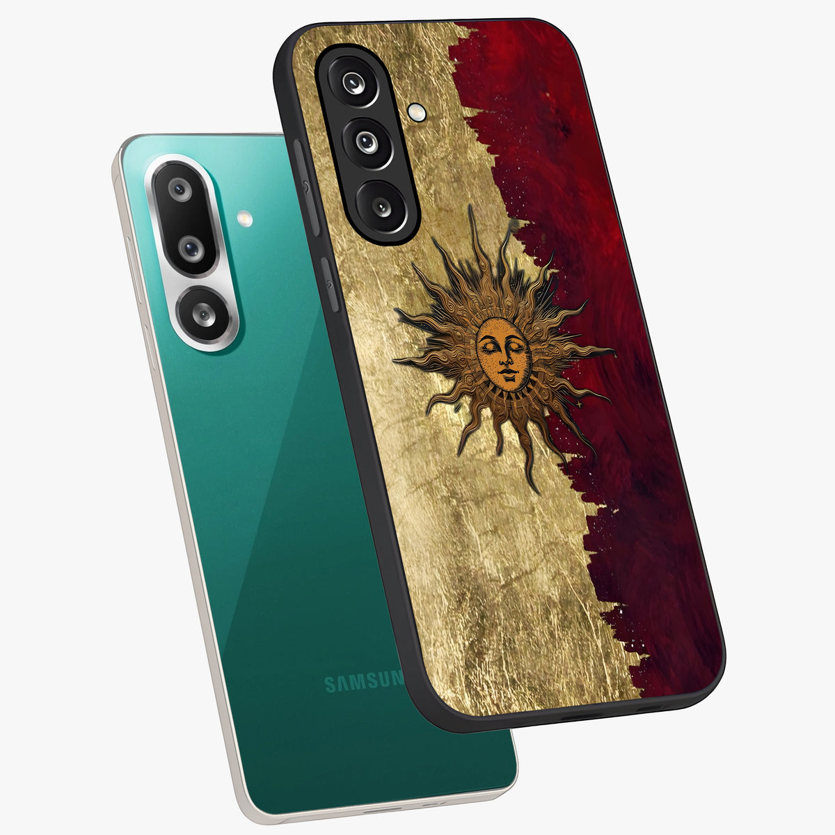 Crimson Sun Majesty Glass Case displayed in angled mockup highlighting majestic crimson sun design with bold aesthetic style.