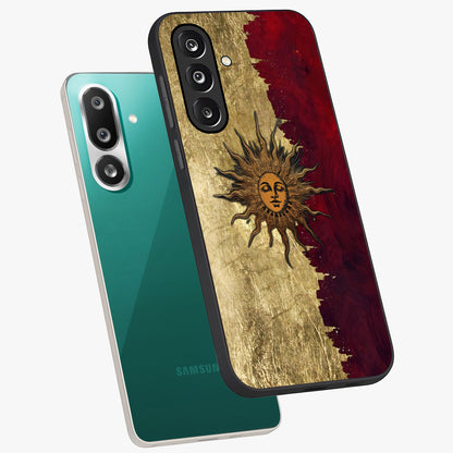 Crimson Sun Majesty Glass Case displayed in angled mockup highlighting majestic crimson sun design with bold aesthetic style.