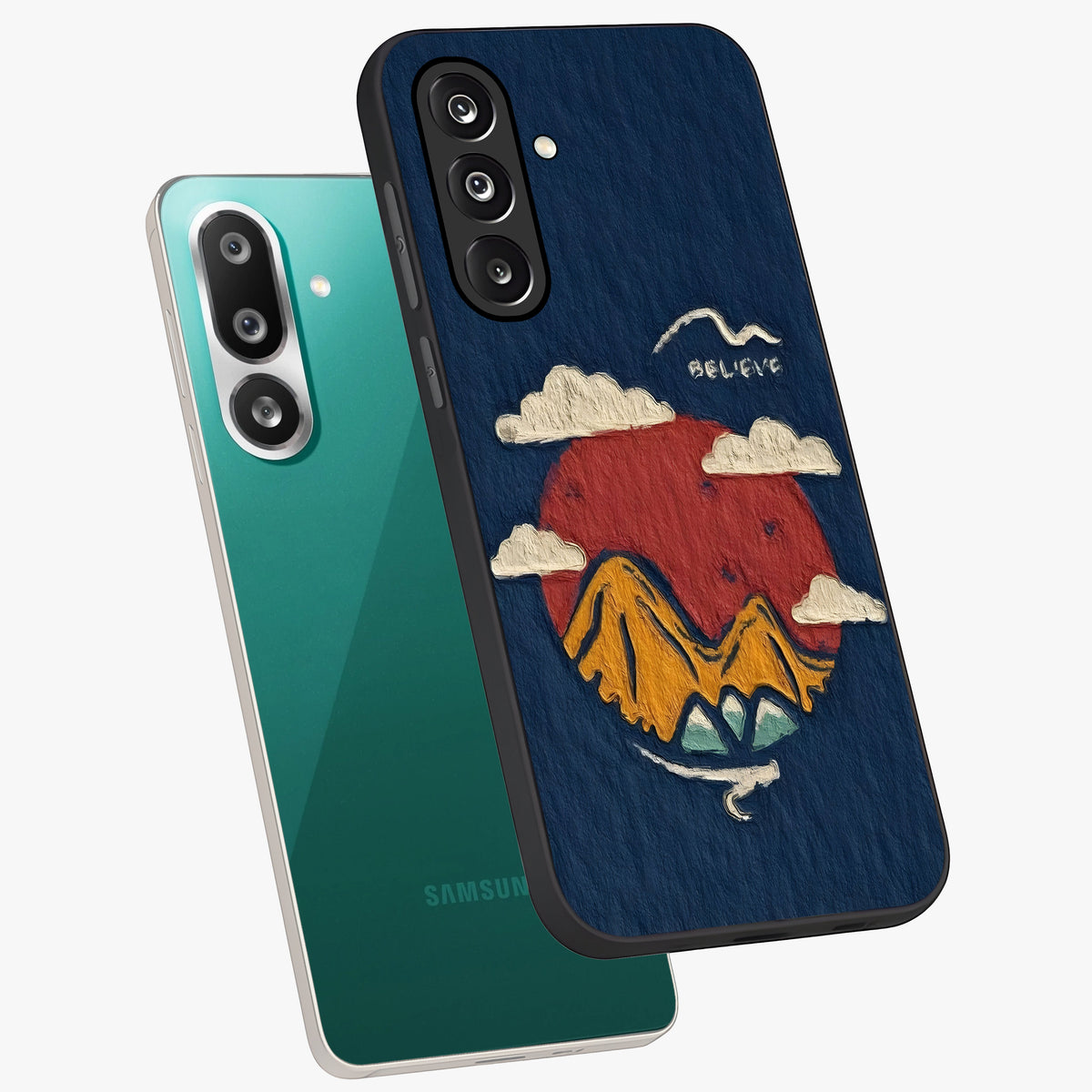 Dream Beyond Mountains Glass Case displayed in angled mockup highlighting dreamy mountain illustration with peaceful aesthetic.