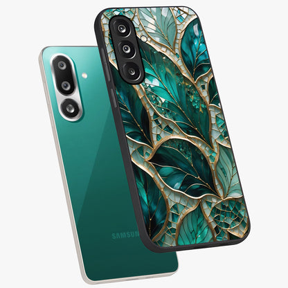 Emerald Leaf Glass Glass Case displayed in angled mockup highlighting botanical leaf illustration with elegant natural aesthetic.
