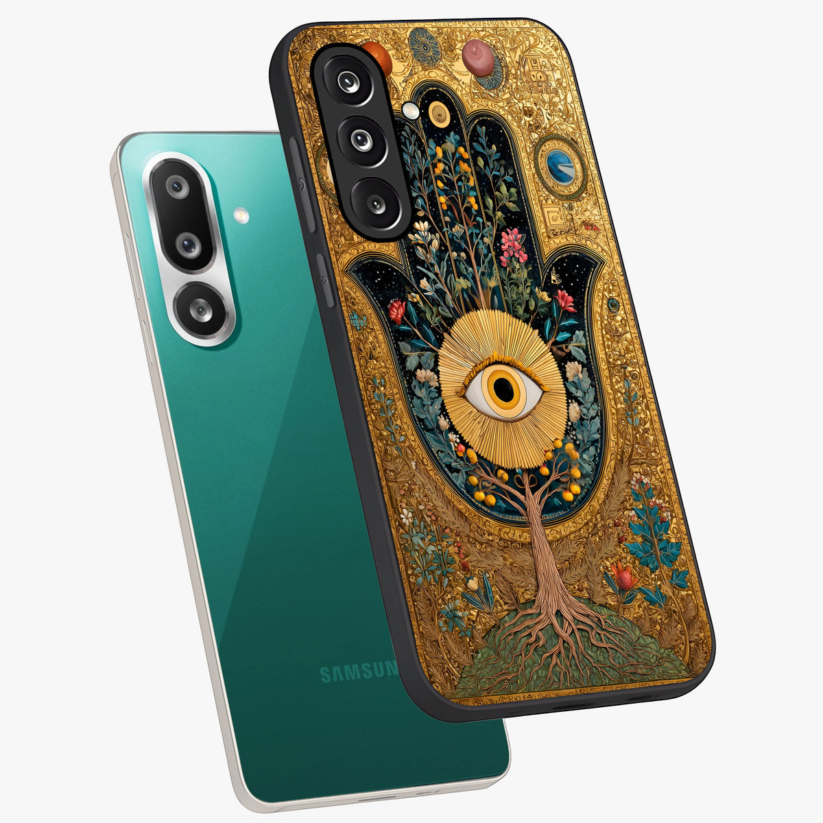 Ethereal Evil Eye Glass Case displayed in angled mockup highlighting protective evil eye symbol with spiritual aesthetic design.