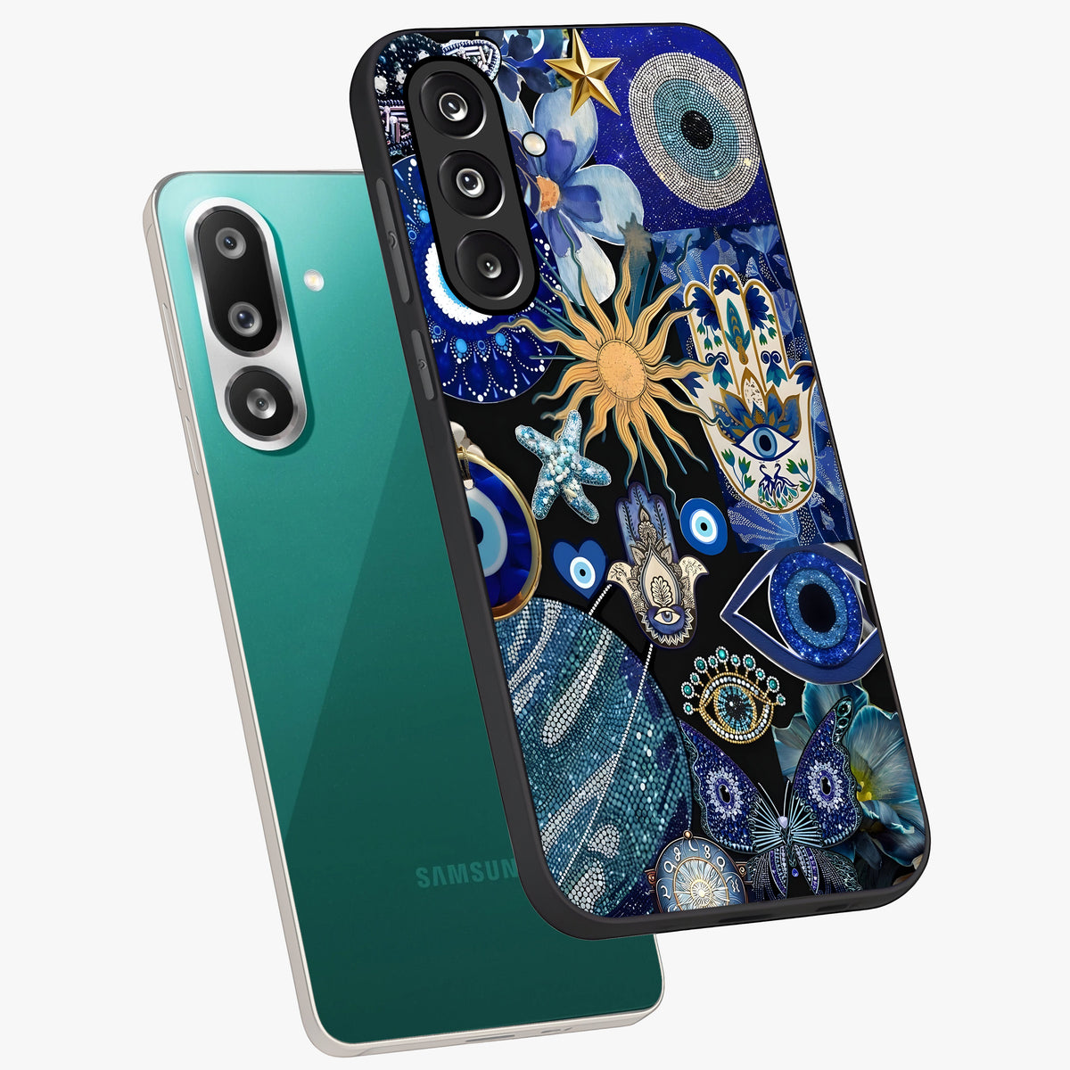 Evil Eye Charm Mix Glass Case displayed in angled mockup highlighting protective evil eye symbols with spiritual aesthetic design.