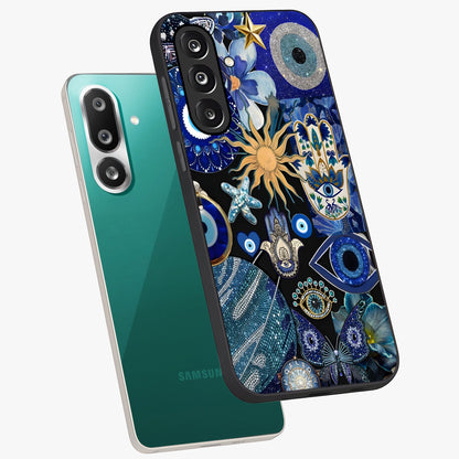 Evil Eye Charm Mix Glass Case displayed in angled mockup highlighting protective evil eye symbols with spiritual aesthetic design.