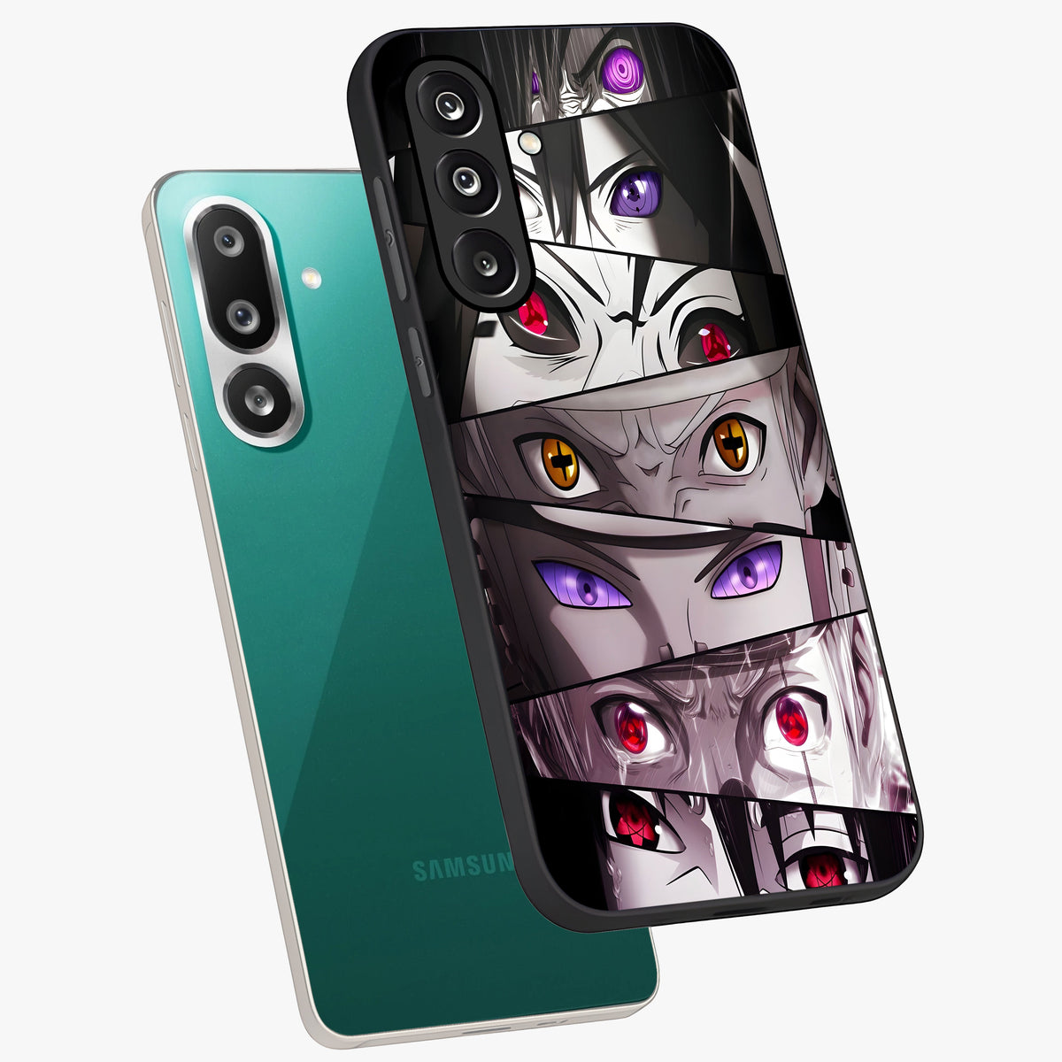 Eyes of Destiny Glass Case displayed in angled mockup highlighting bold eye illustration with mystical aesthetic style.