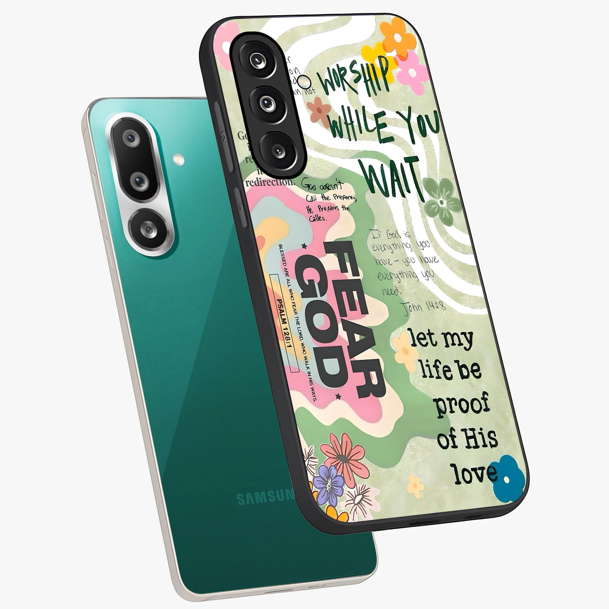 Faith Over Fear Glass Case displayed in angled mockup highlighting inspirational message design with modern aesthetic style.