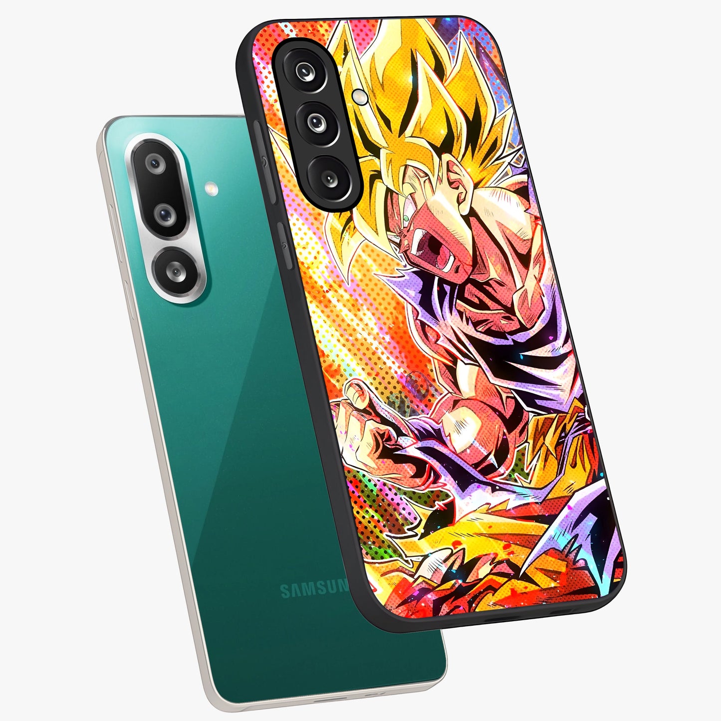 Firing Goku Glass Case displayed in angled mockup highlighting dynamic anime character design with action aesthetic.
