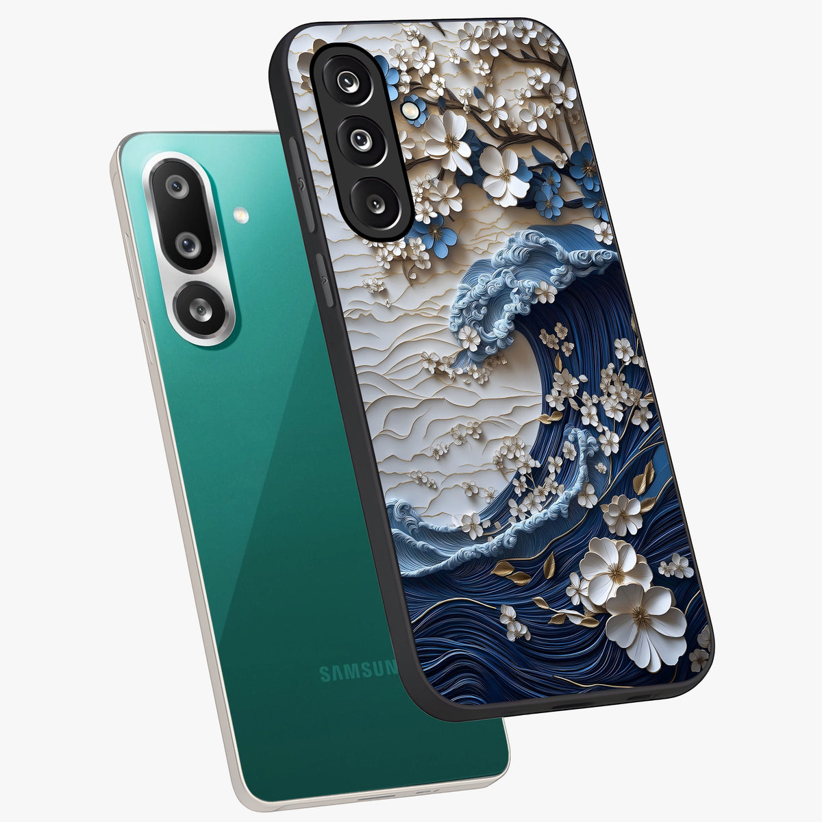 Floral Wave Origami Glass Case displayed in angled mockup highlighting geometric origami flower design with modern aesthetic style.
