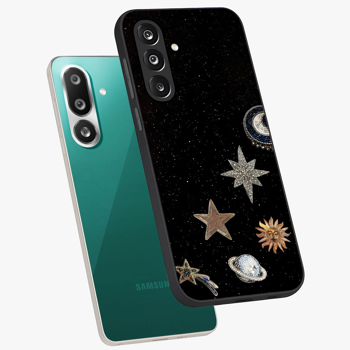 Galactic Charm Glow Glass Case displayed in angled mockup highlighting luminous galaxy inspired design with dreamy aesthetic.