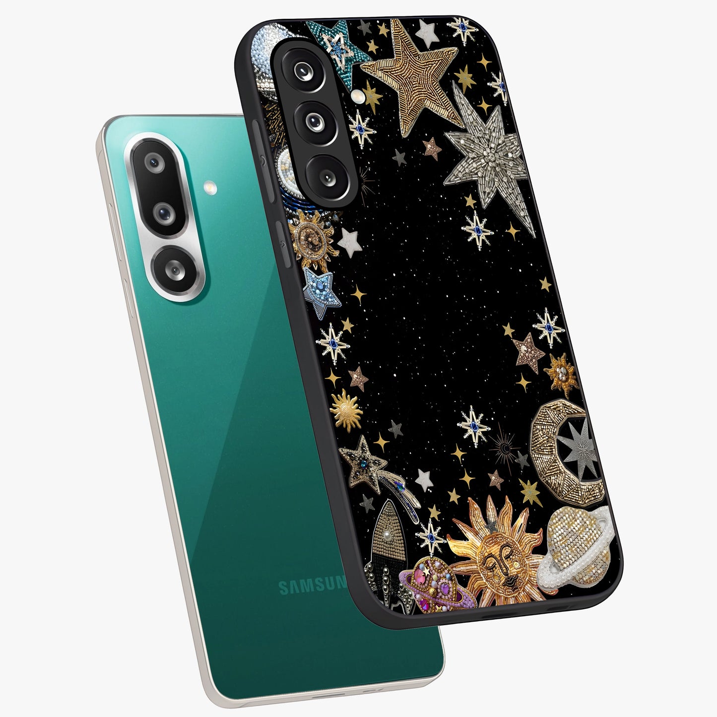 Galactic Jewel Stars Glass Case displayed in angled mockup highlighting shining celestial star design with cosmic aesthetic style.