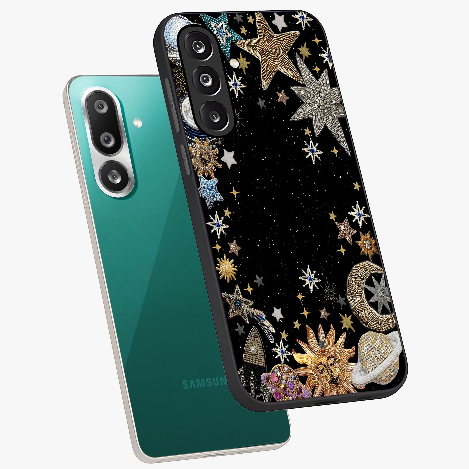 Galactic Jewel Stars Glass Case displayed in angled mockup highlighting shining celestial star design with cosmic aesthetic style.