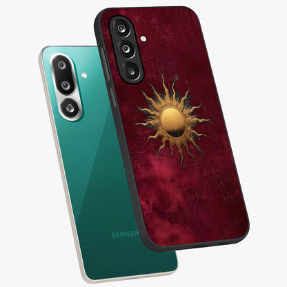 Golden Sun Minimalism Glass Case displayed in angled mockup highlighting clean sun symbol design with modern minimal aesthetic.