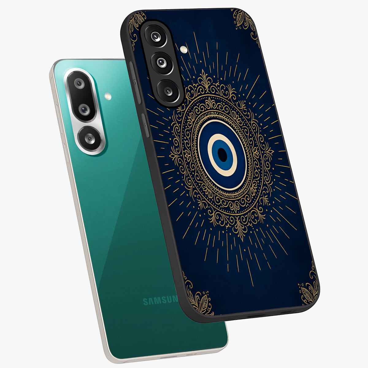 Golden Celestial Charm Glass Case displayed in angled mockup highlighting sparkling cosmic charm design with celestial aesthetic.